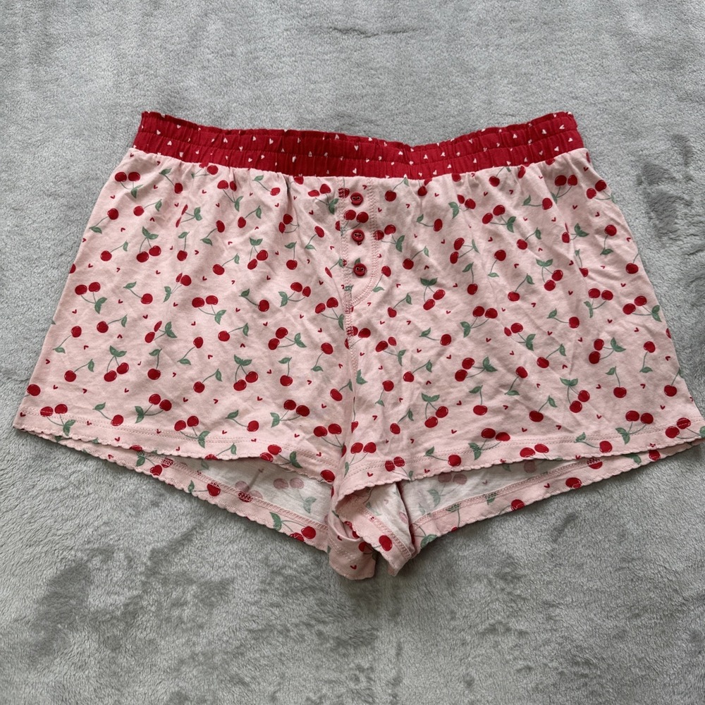 PJ Salvage Pajama Shorts Size Medium Pink Red Cherries‎ Hearts Sleep Short NWOT